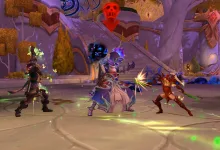 Three World of Warcraft characters battle in a purple-lit Midnight Delve environment.