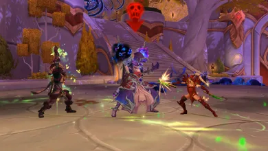 Three World of Warcraft characters battle in a purple-lit Midnight Delve environment.