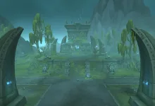 A temple-like World of Warcraft environment viewed through two stone archways.