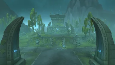 A temple-like World of Warcraft environment viewed through two stone archways.
