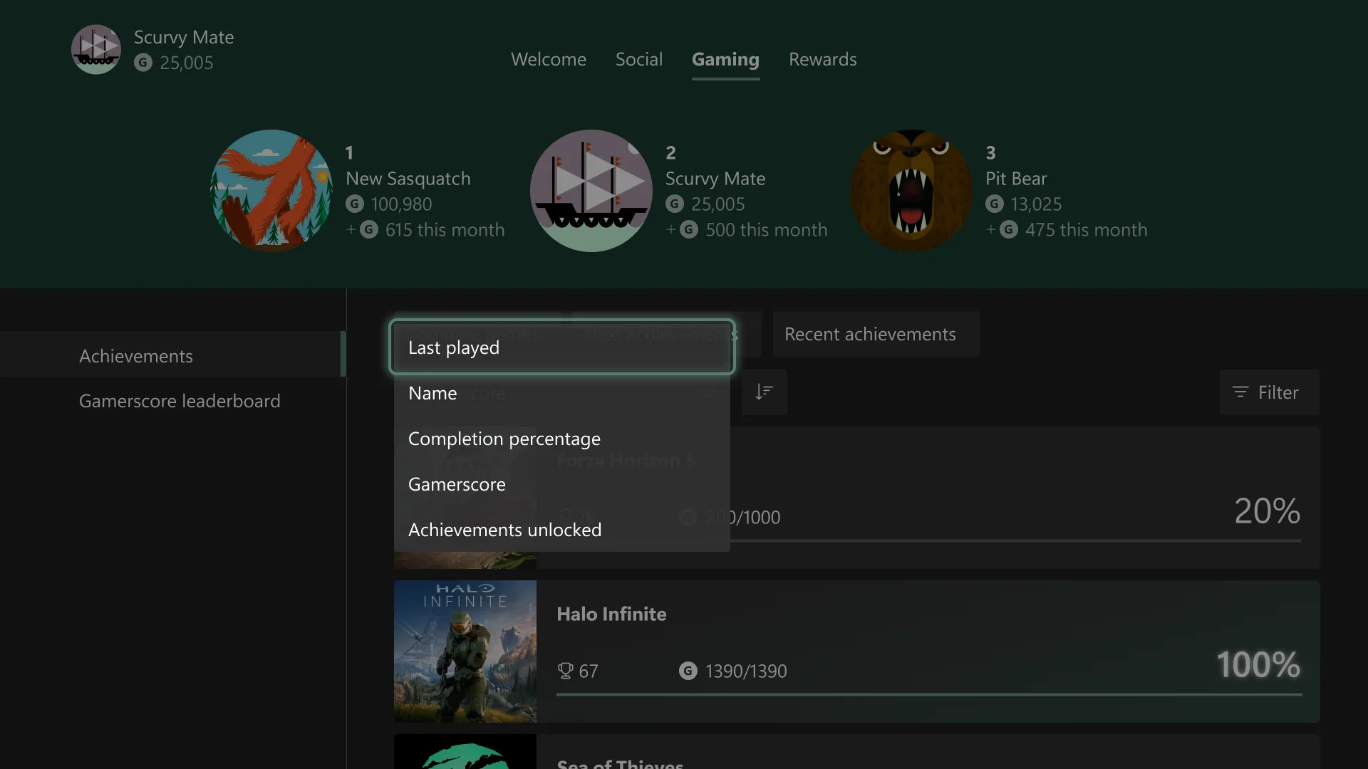 Xbox achievement history with sorting options for name, completion percentage, Gamerscore, and unlocked Achievements