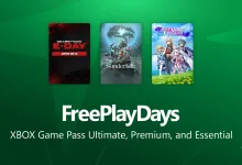 Green Xbox Free Play Days graphic showing Gears of War: E-Day open beta, Sunderfolk, and Asdivine Cross game covers, with Xbox Game Pass Ultimate, Premium, and Essential text
