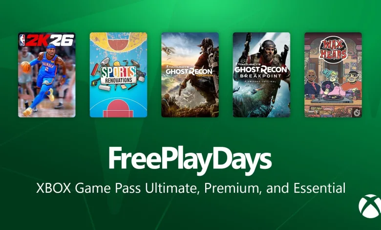 Xbox Free Play Days graphic showing NBA 2K26, Sports Renovations, Ghost Recon Wildlands, Ghost Recon Breakpoint, and Wax Heads
