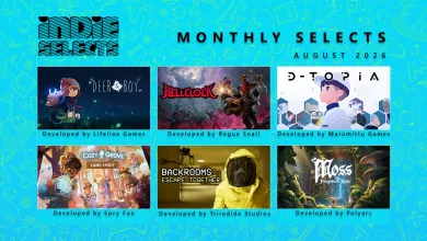 Xbox Indie Selects Monthly Selects graphic showing six featured games for August 2026, including Deer & Boy, Hell Clock, D-topia, Cozy Grove: Camp Spirit, Backrooms: Escape Togethe