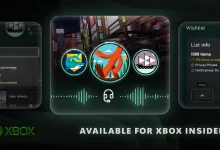 Xbox Insider feature overview showing chat audio controls, achievement sorting, and a 1,000-item wishlist