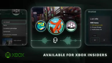 Xbox Insider feature overview showing chat audio controls, achievement sorting, and a 1,000-item wishlist