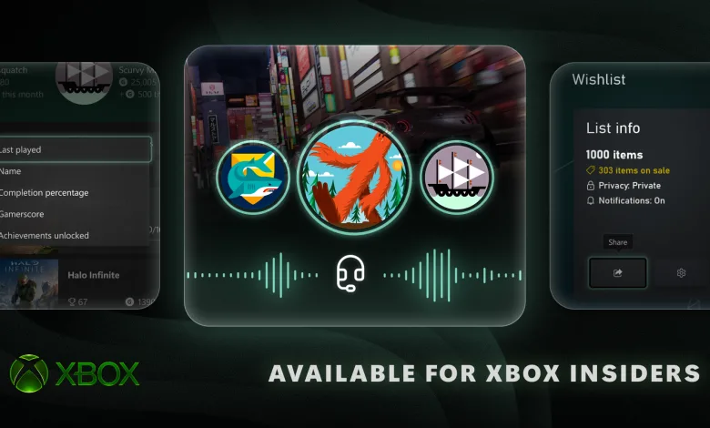 Xbox Insider feature overview showing chat audio controls, achievement sorting, and a 1,000-item wishlist