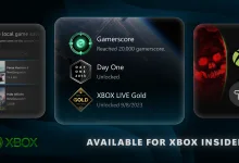 Xbox Insider feature graphic showing a profile badge panel, local save management screen, and Xbox branding