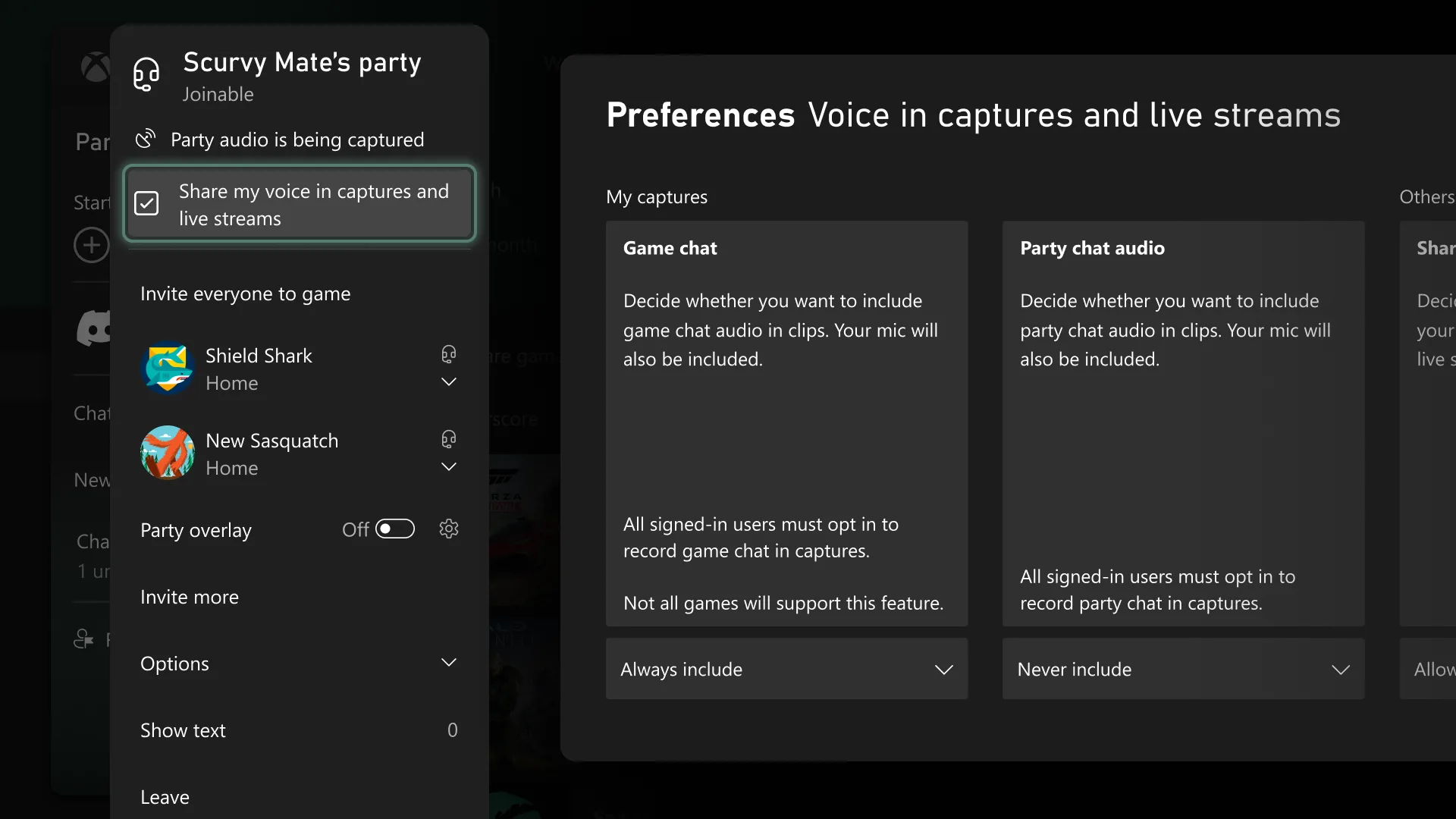Xbox preferences for including game chat and party chat in captures