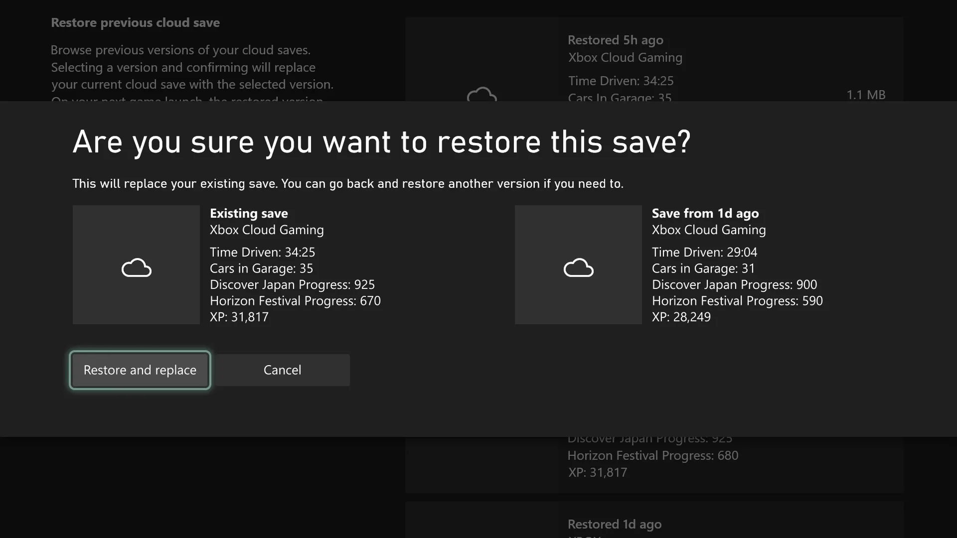 Xbox screen asking whether to restore an earlier cloud save