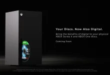 Xbox Series X console with a Gears game disc beside text announcing digital benefits for supported Xbox One and Xbox Series X discs