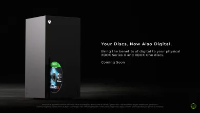 Xbox Series X console with a Gears game disc beside text announcing digital benefits for supported Xbox One and Xbox Series X discs