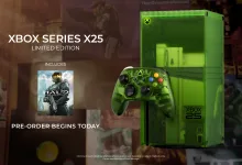 Translucent green Xbox Series X25 console and matching controller shown with the included Halo game