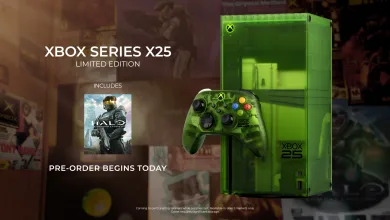 Translucent green Xbox Series X25 console and matching controller shown with the included Halo game