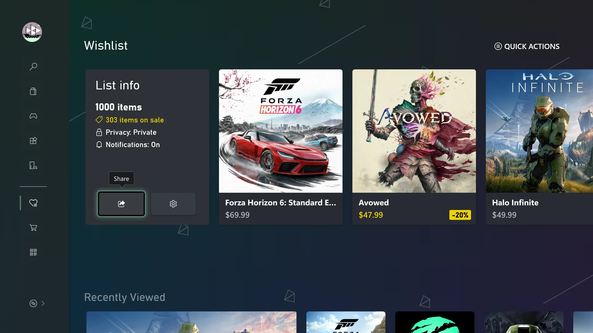 Xbox wishlist showing games and a 1,000-item limit