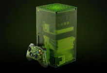 Translucent green Xbox X25 25th-anniversary console with a matching controller