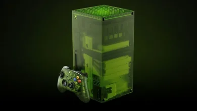 Translucent green Xbox X25 25th-anniversary console with a matching controller