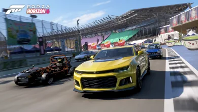 A yellow Chevrolet Camaro leads a group of cars on a racetrack in Forza Horizon 6