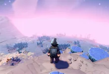 A Young Suns character stands on a rocky moonlet overlooking blue alien plants beneath a pink sky.