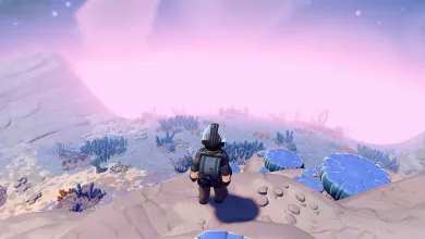A Young Suns character stands on a rocky moonlet overlooking blue alien plants beneath a pink sky.