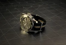 A Q-Watch from 007 First Light rests on a dark workbench.