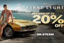 Young James Bond stands beside a yellow classic car in 007 First Light artwork advertising up to 20% off on Steam.