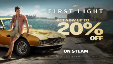 Young James Bond stands beside a yellow classic car in 007 First Light artwork advertising up to 20% off on Steam.