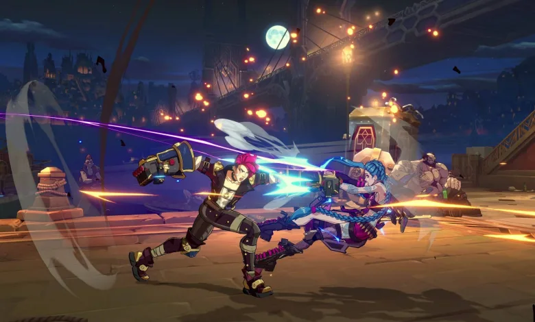 Fighters clash during a 2XKO battle in a nighttime arena.