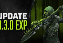 An armored survivor holding a spiked weapon in a green-lit forest for the 7 Days to Die V3.3.0 EXP update