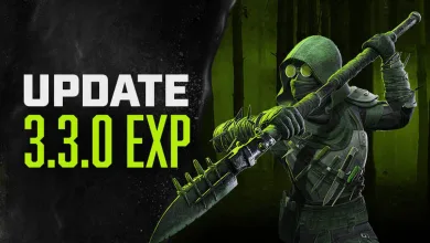 An armored survivor holding a spiked weapon in a green-lit forest for the 7 Days to Die V3.3.0 EXP update