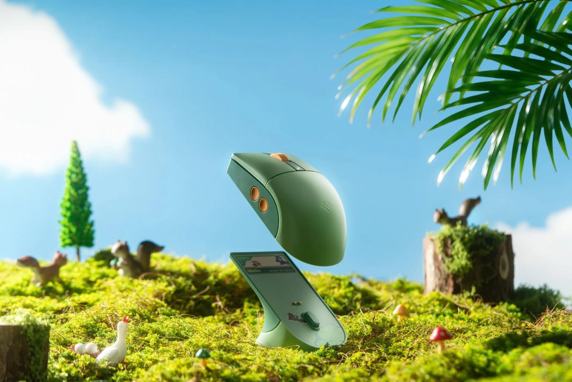 8BitDo Retro R8 mouse and charging dock in a forest-themed setup