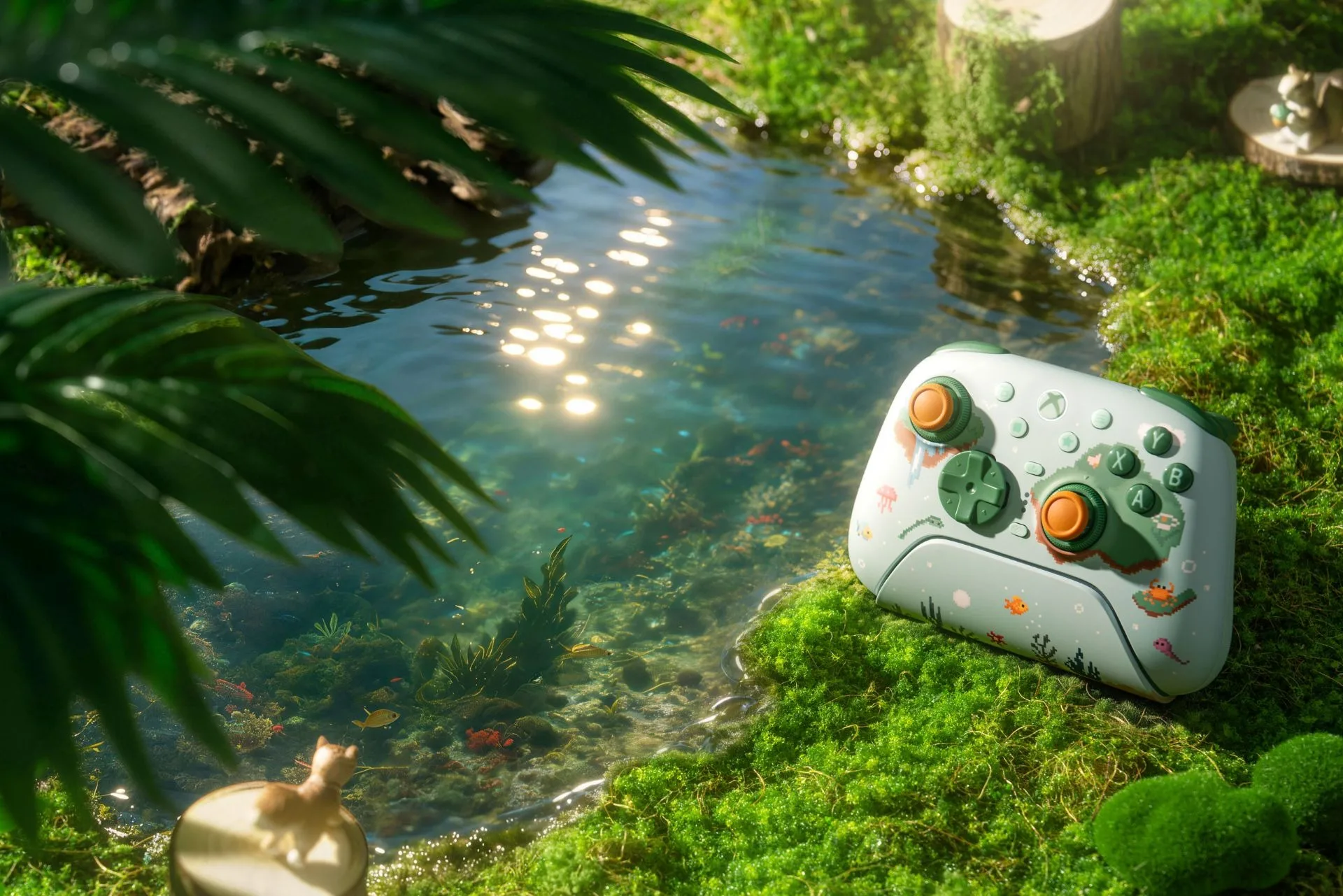 8BitDo Ultimate 3 controller beside a mossy lagoon