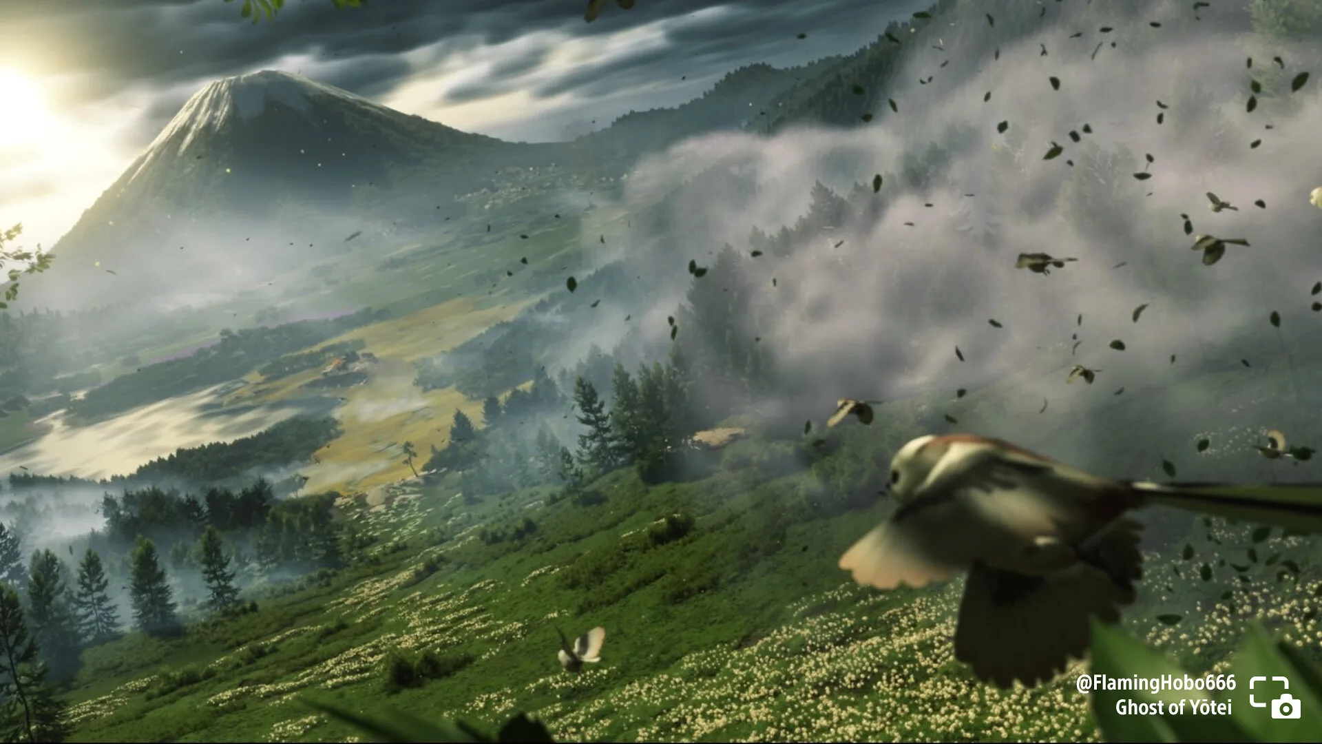 A bird flying over a green mountain field in Ghost of Yōtei