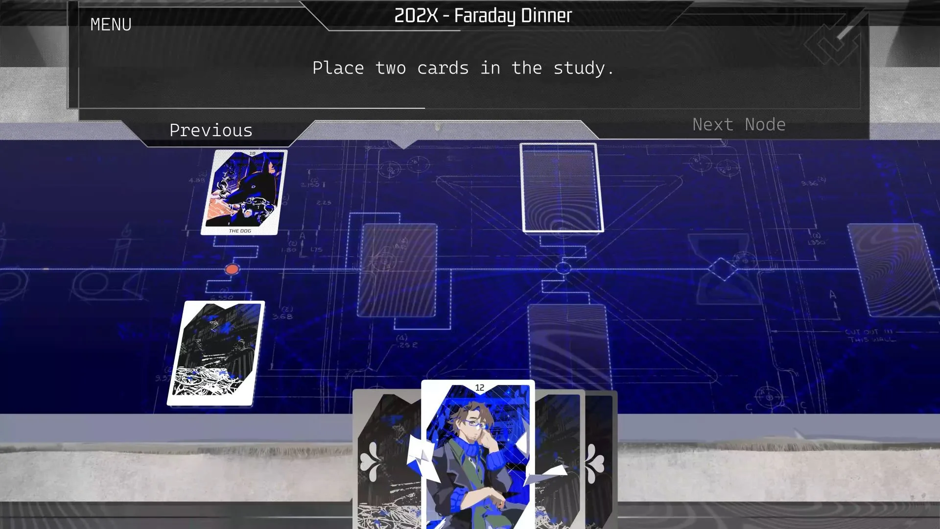 A card-based board showing character cards and empty positions in a study
