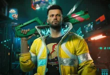 A character holding a rifle in a neon-lit Cyberpunk 2077 street