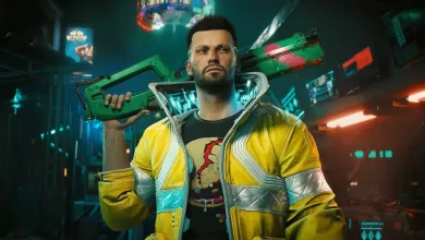 A character holding a rifle in a neon-lit Cyberpunk 2077 street