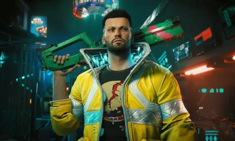 A character holding a rifle in a neon-lit Cyberpunk 2077 street