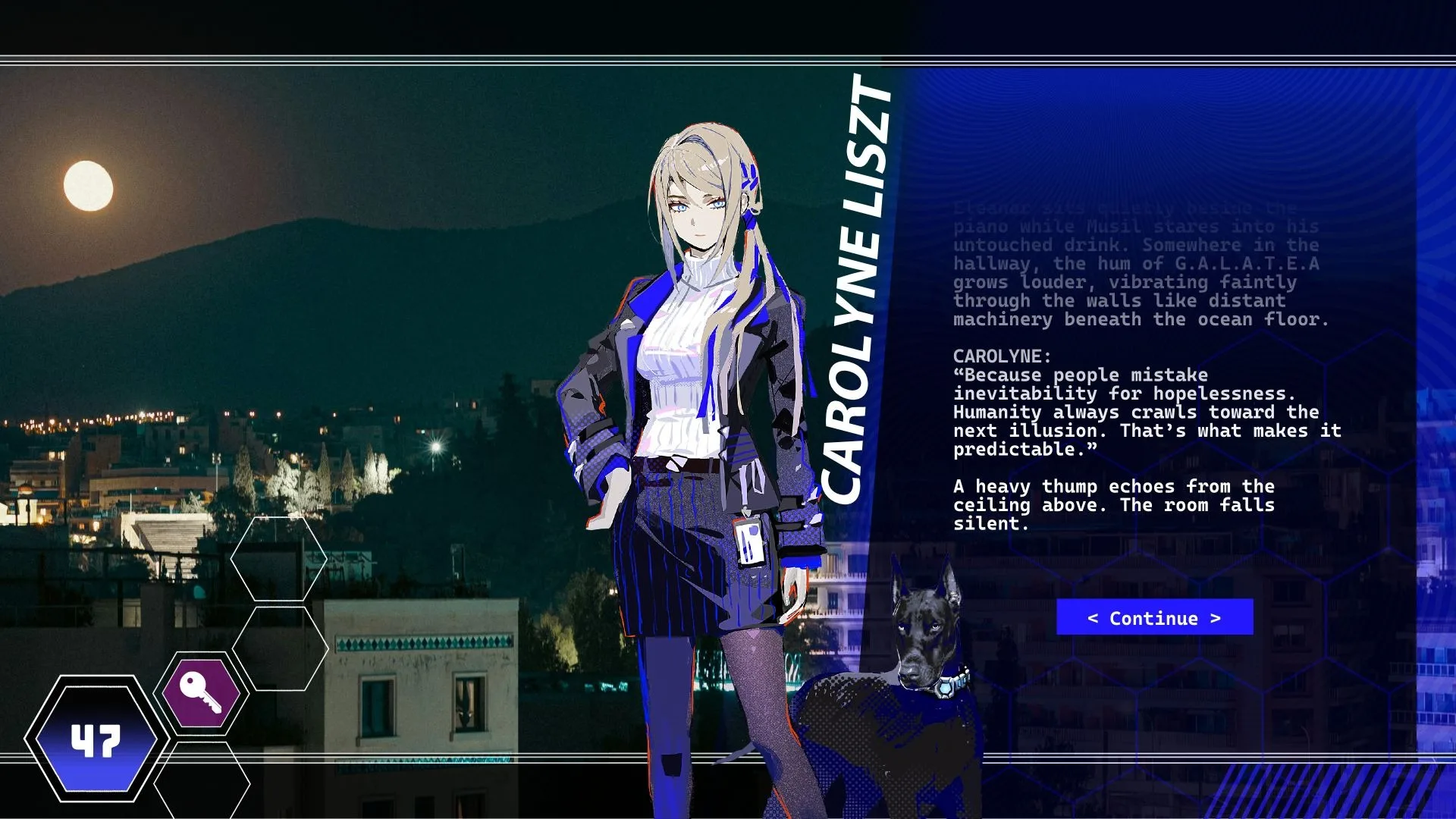A character profile screen showing Carolyn Elsitz and a dog overlooking a city at night