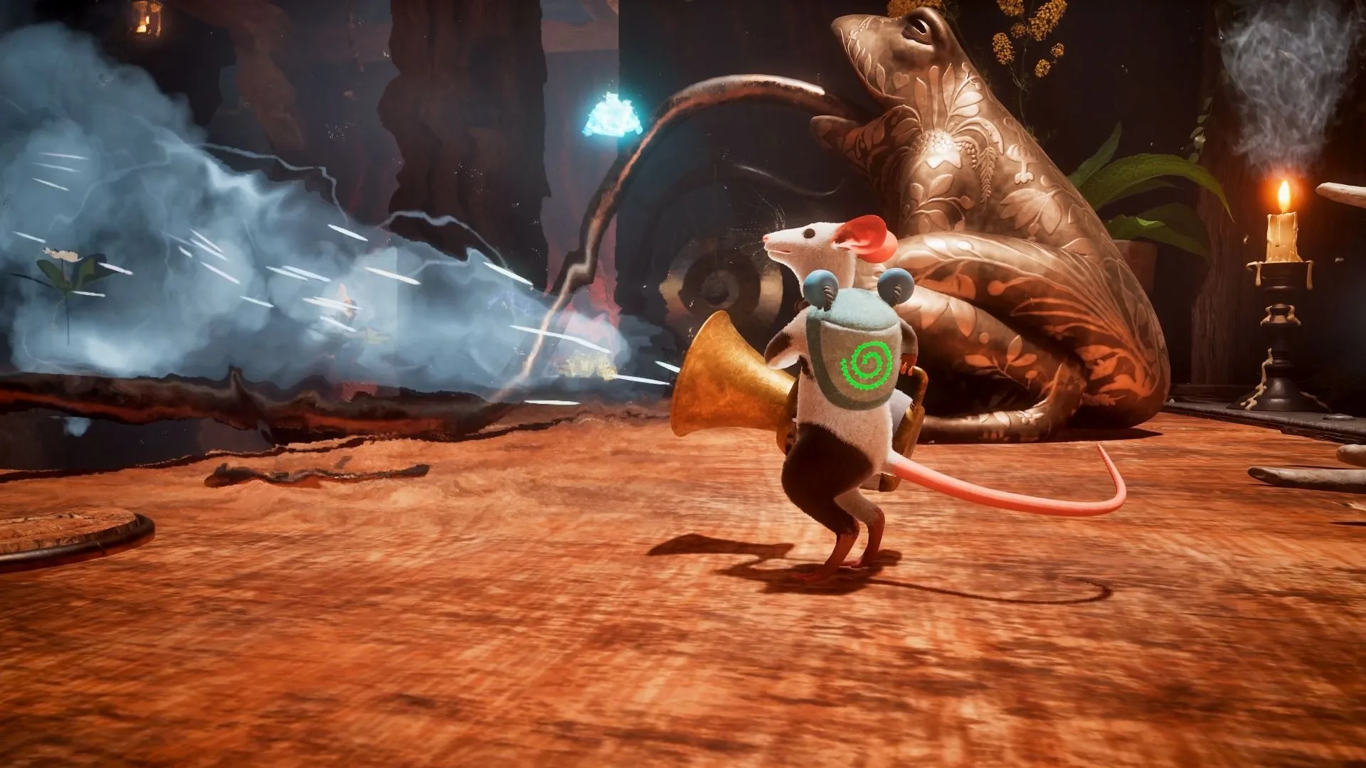 A mouse character uses a glowing tool while a magical creature stands in the background.