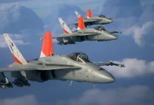 Several fighter aircraft fly in formation against a cloudy sky in Ace Combat 8: Wings of Theve.
