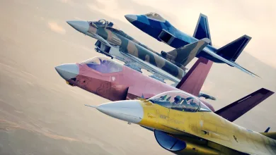 Four fighter jets fly in formation over a hazy landscape in Ace Combat 8: Wings of Theve.