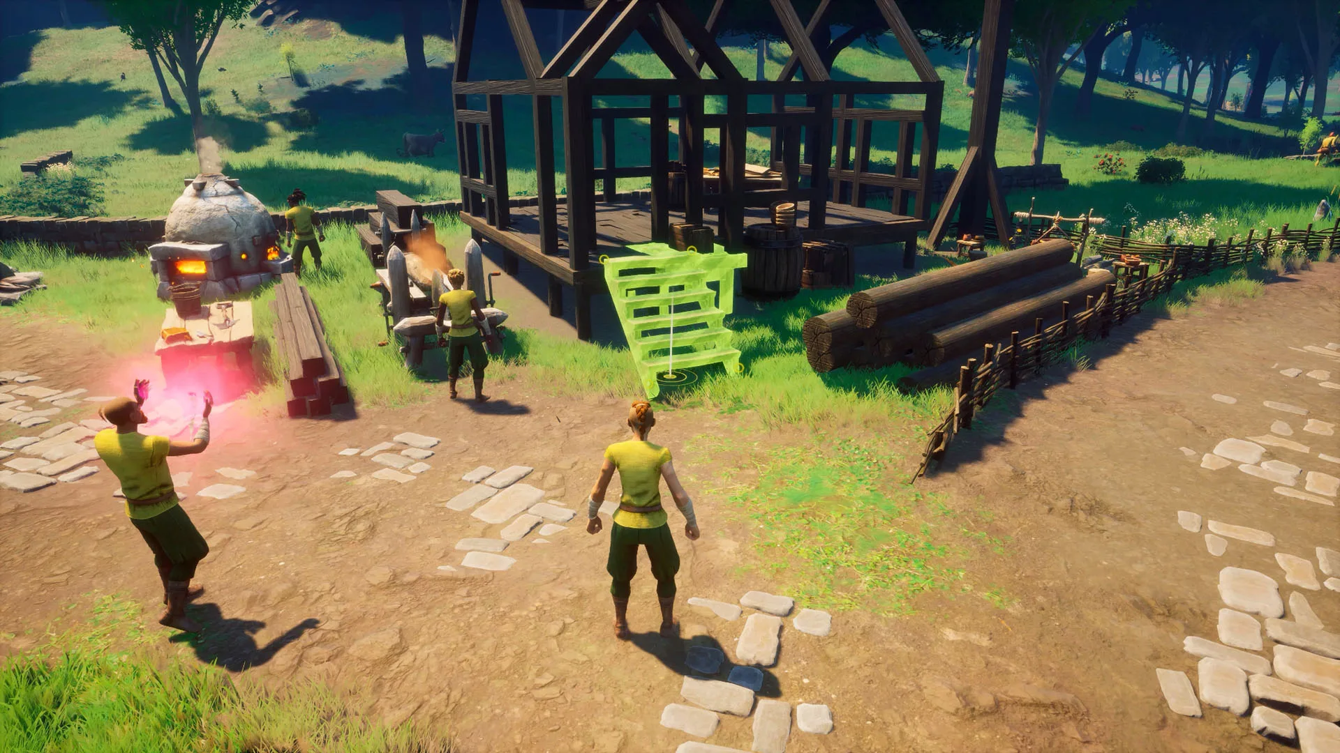 Adventurers gather around a partially built wooden shelter in Ashenfall