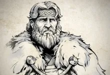 Black-and-white illustration of Harald Hardrada in fur clothing for The Viking Sagas in Age of Empires II: Definitive Edition.
