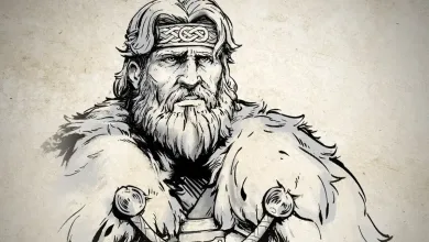 Black-and-white illustration of Harald Hardrada in fur clothing for The Viking Sagas in Age of Empires II: Definitive Edition.