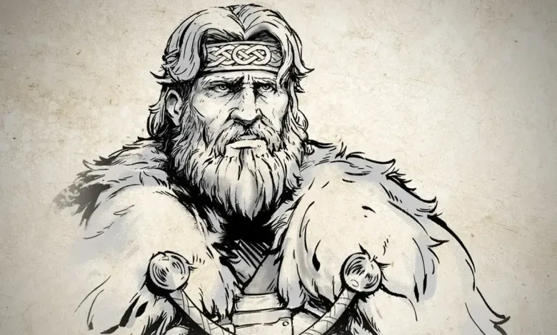 Black-and-white illustration of Harald Hardrada in fur clothing for The Viking Sagas in Age of Empires II: Definitive Edition.