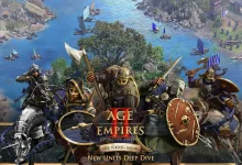 Several armored medieval warriors stand in the foreground with ships, settlements, and other fighters behind them in Age of Empires II: Definitive Edition The Viking Sagas.