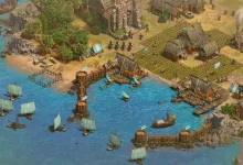 Age of Empires II: Definitive Edition coastal settlement with docks, ships, and Varangian buildings
