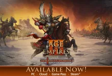 Promotional artwork for Age of Empires III: Definitive Edition showing a mounted Baltic warrior facing opposing armies.