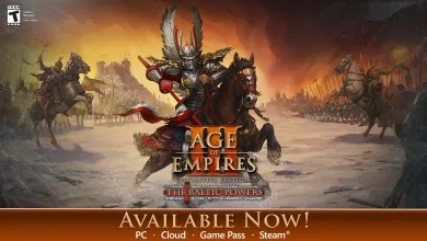 Promotional artwork for Age of Empires III: Definitive Edition showing a mounted Baltic warrior facing opposing armies.