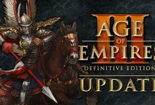 Official Age of Empires III: Definitive Edition artwork showing a mounted warrior beside the Update title.